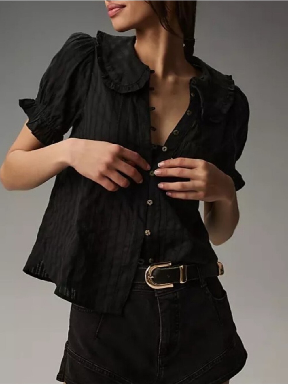 Anthropologie Pilcro Keira Blouse Top Ruffle Peter Pan Collar Black
